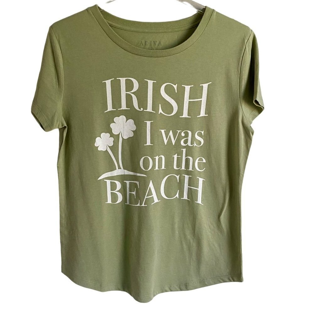 Irish I Was at the Beach Green Tee Shirt with Palm Trees Adiva Size Medium